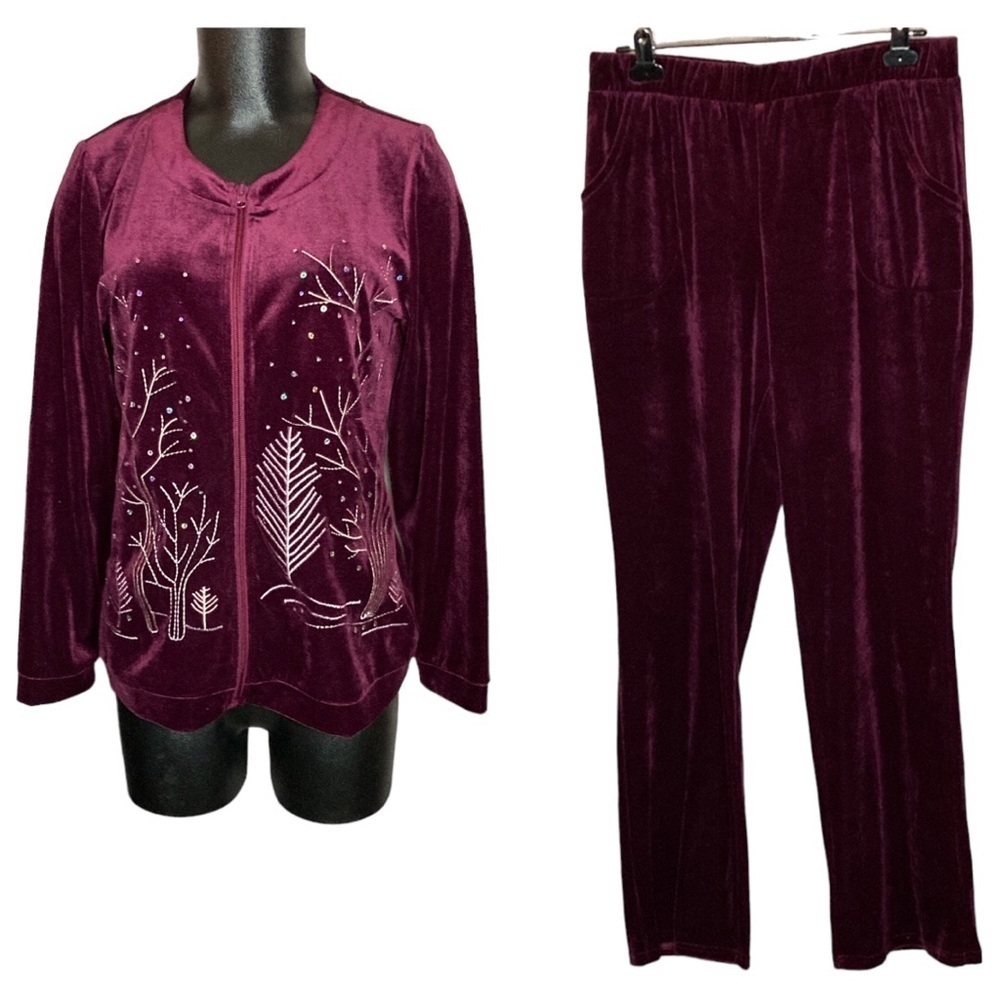 Seventh Avenue | Burgundy Velvet Embroidered Lounge Set M